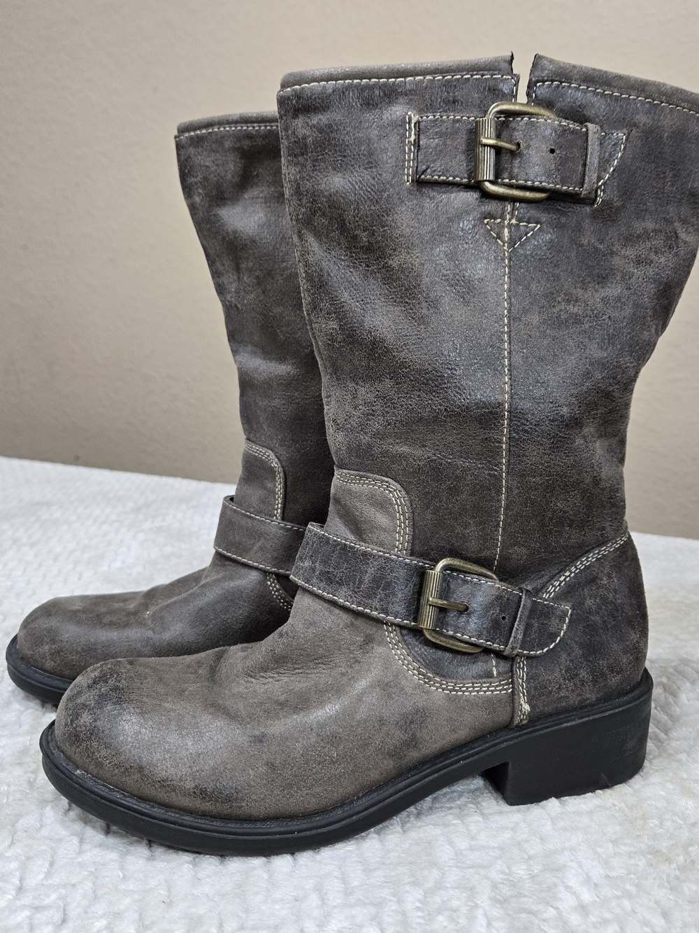 Baretraps Boots Womens 9M Jillian Biker Distressed Mid Calf Gray Faux Leather